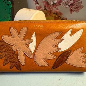 Fossil Orange and Brown Leather Wallet with Leaf Design